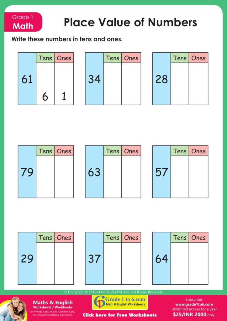 1st Grade Place Value Worksheets Of 2 Digits Grade1to6