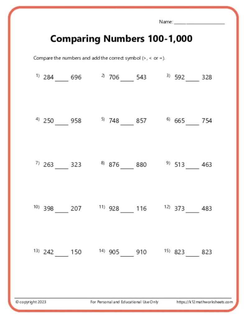 2nd Grade Comparing Numbers Worksheets