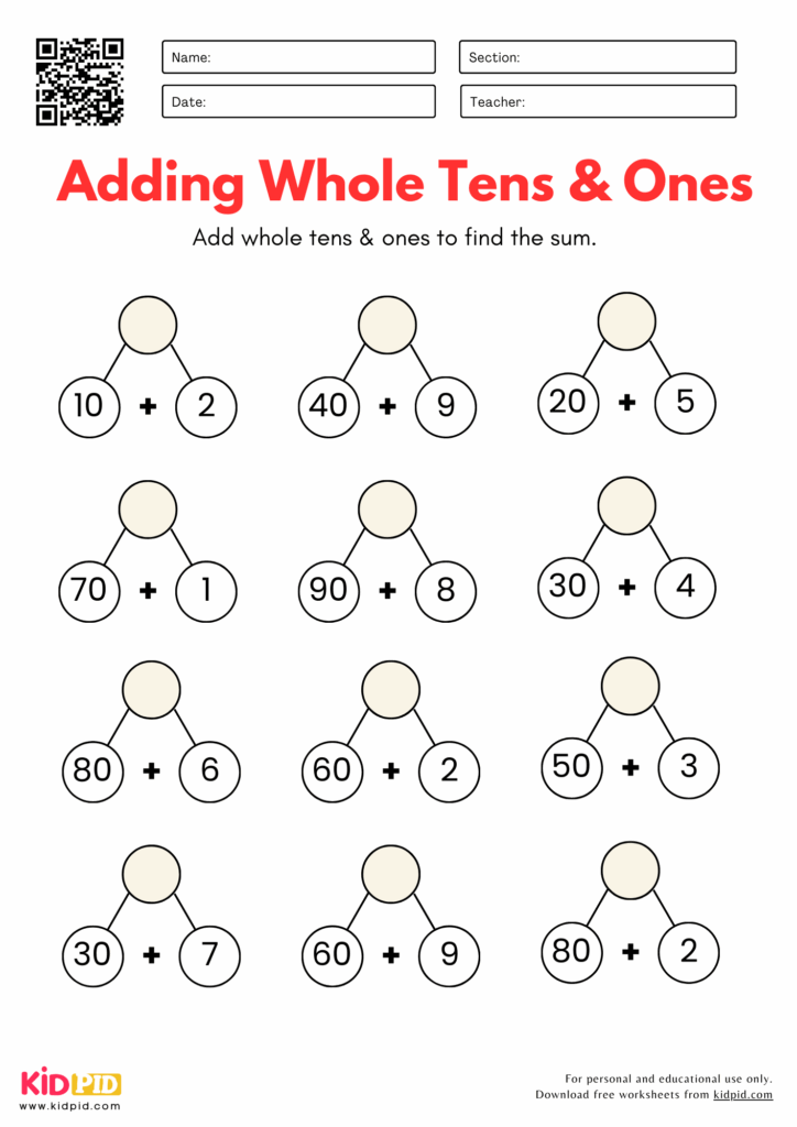 Adding Whole Tens Ones Place Value Worksheets Grade 1 Kidpid