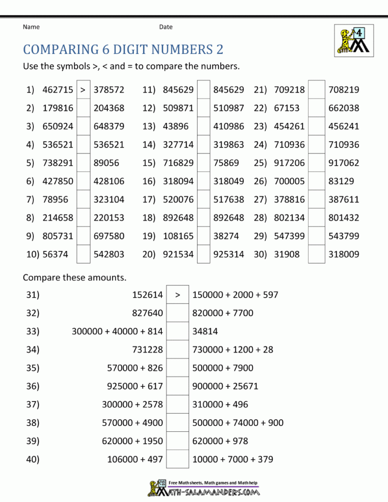 Comparing And Ordering Whole Numbers Worksheets