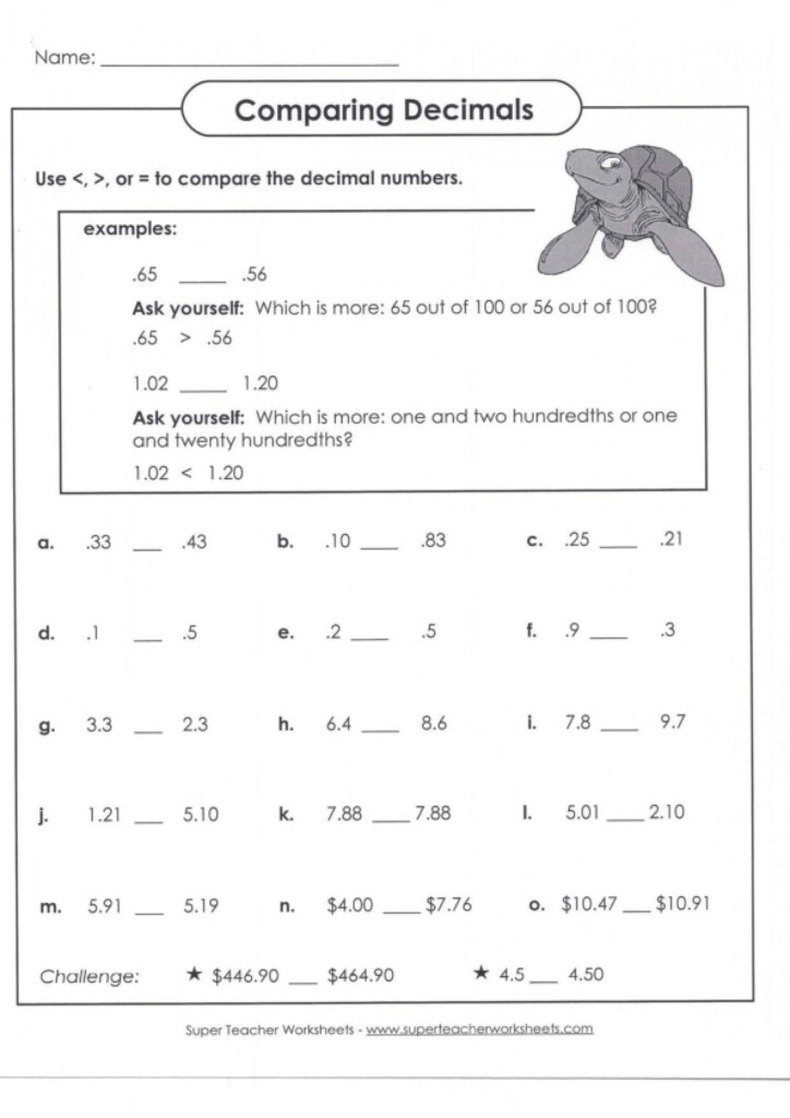 Comparing Decimals with Answer Key LoveToTeach