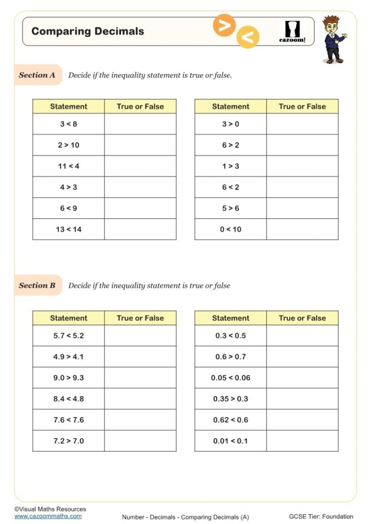 Comparing Decimals Worksheet PDF Printable Worksheet