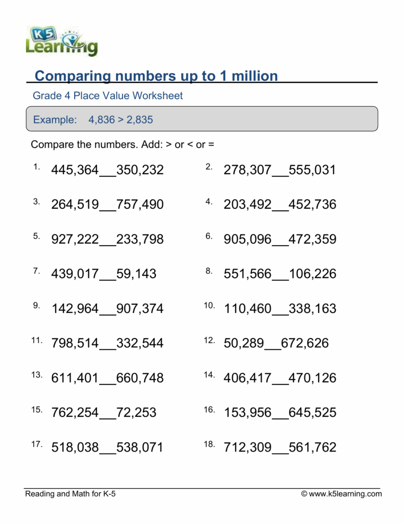 Comparing Numbers Up To 1 Million Worksheet