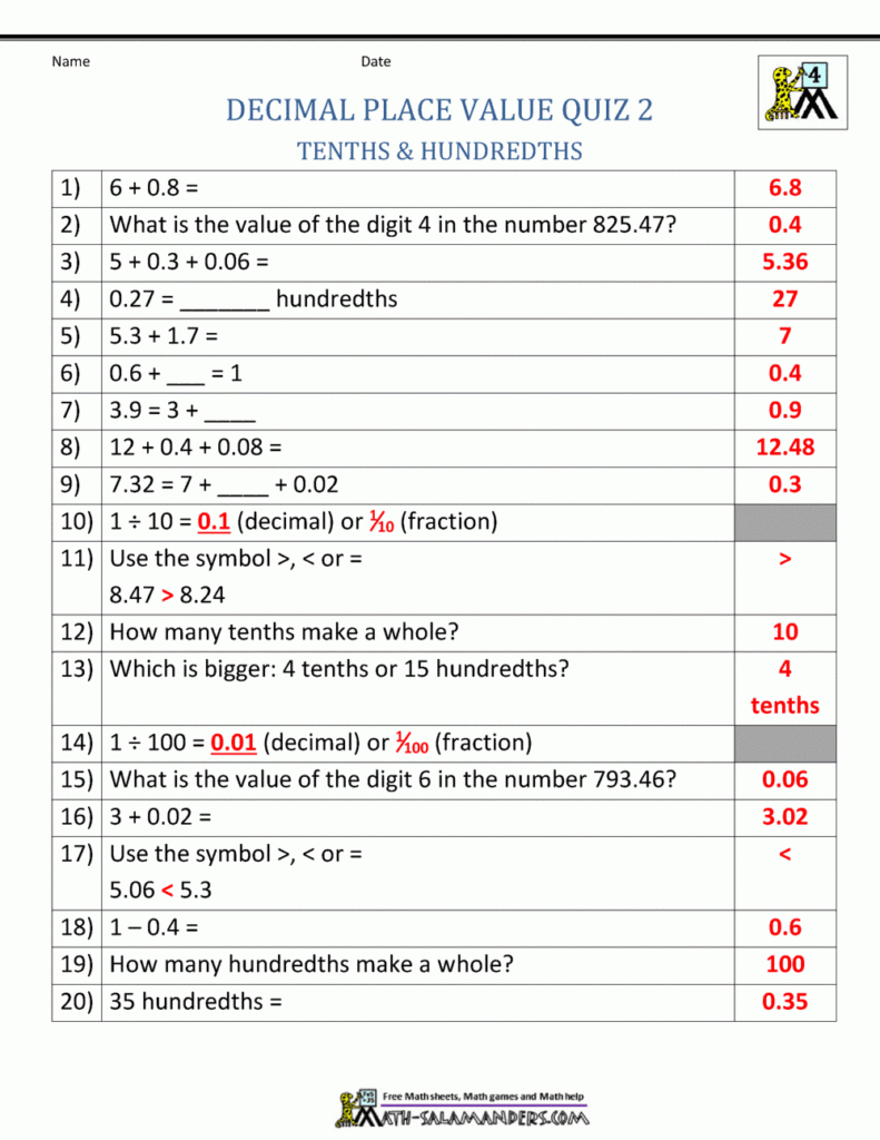 Decimal Place Value Quiz 2 Answers