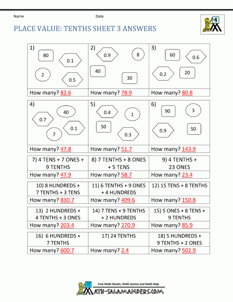 Decimal Place Value Worksheets 4th Grade