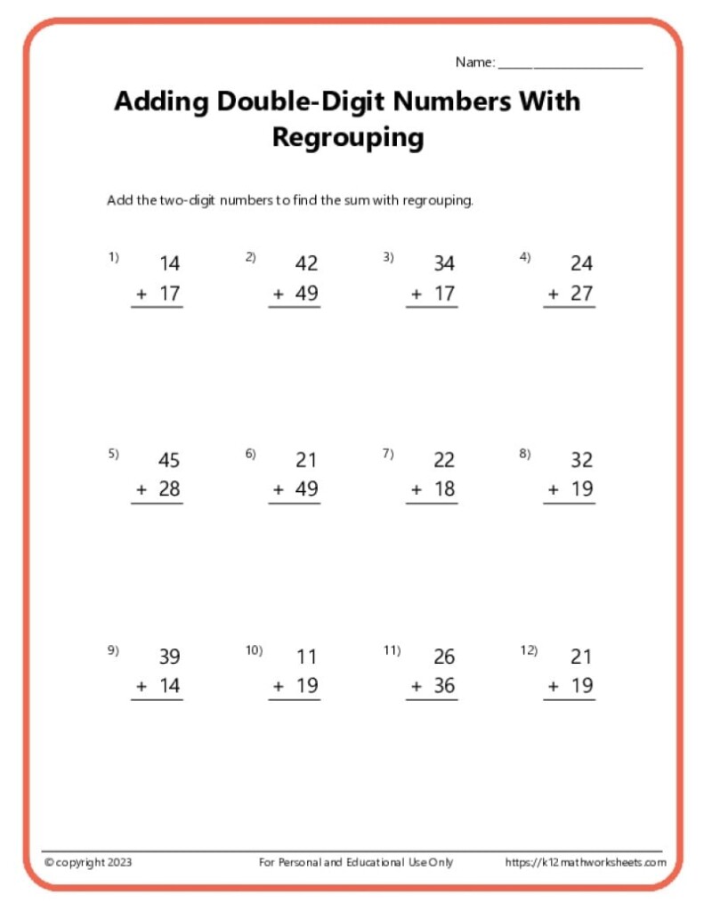 Double Digit Addition With Regrouping Worksheets