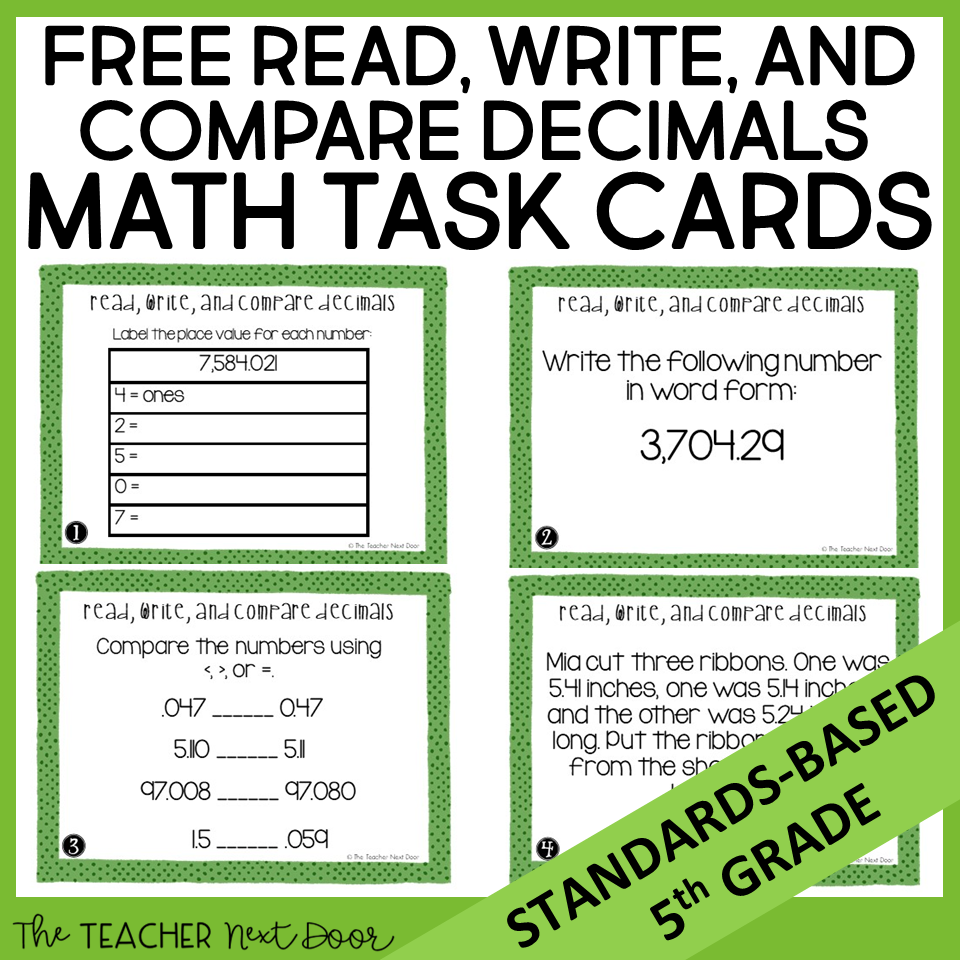 FREE 5th Grade Read Write And Compare Decimals Task Cards The Teacher Next Door