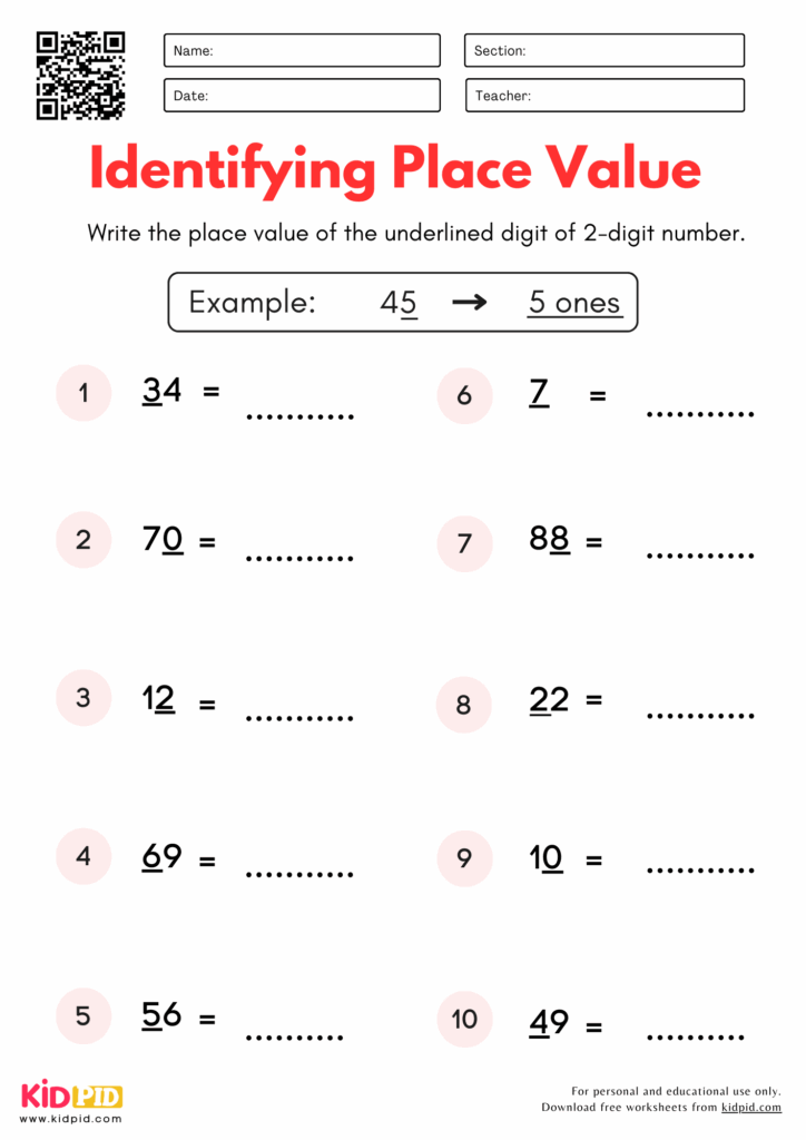 Identifying Place Value Of 2 Digit Number Worksheets For Grade 1 Kidpid