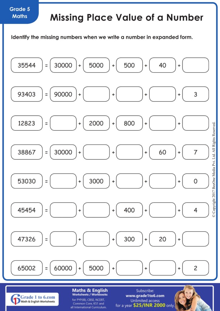 Missing Place Value Worksheets Grade1to6