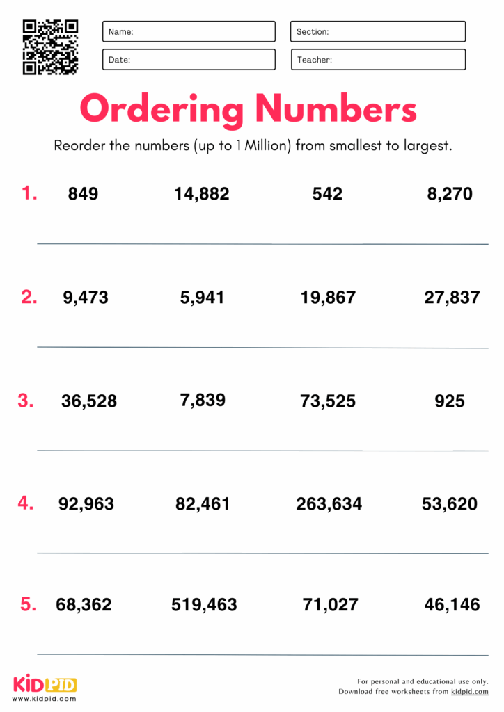 Ordering Numbers Up To 1 Million Place Value Worksheet For Grade 4 Kidpid