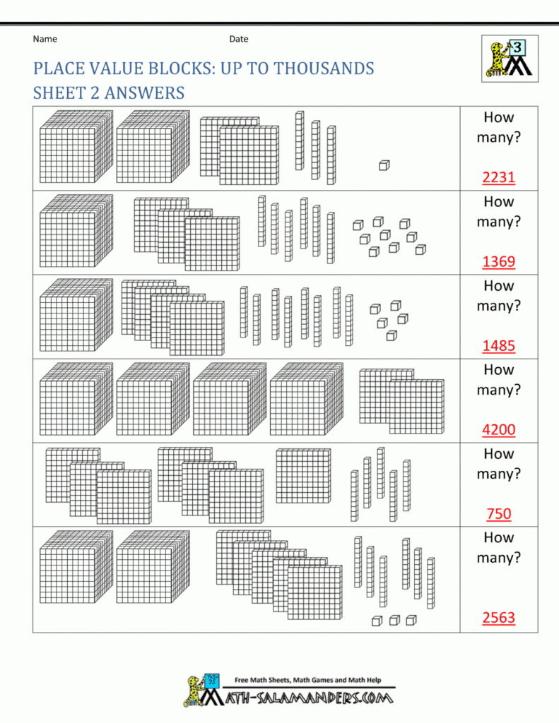 Place Value Blocks Up To Thousands Sheet 2 Answers