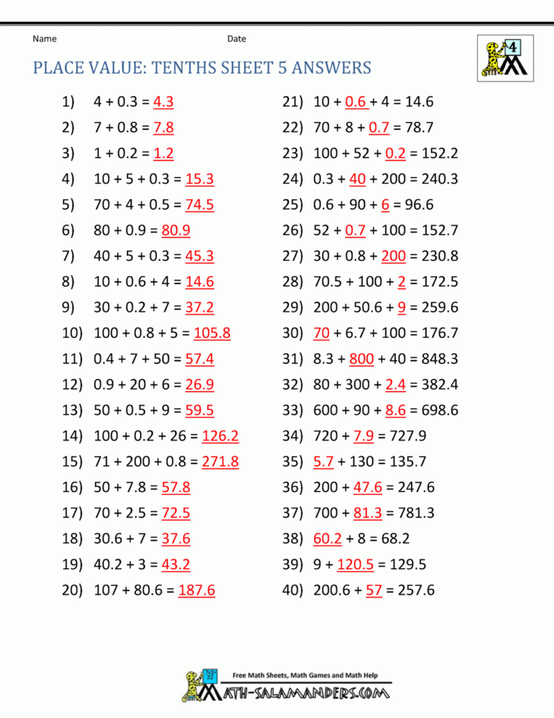 Place Value Tenths Sheet 5 Answers