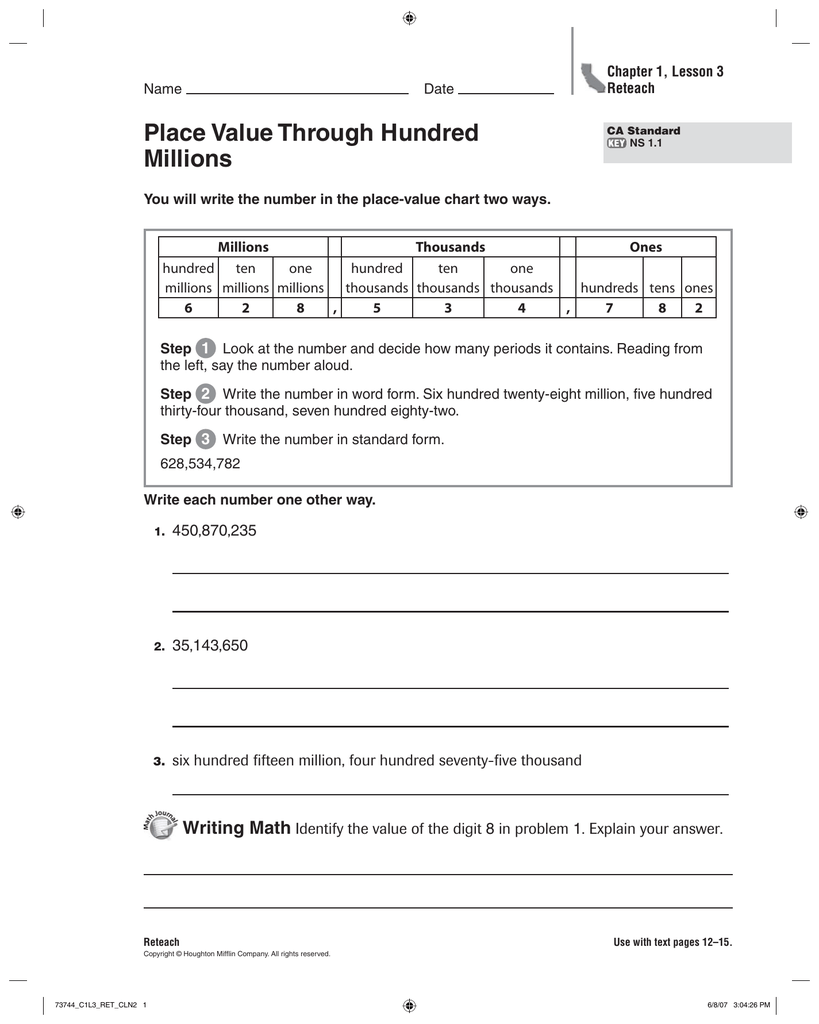 Place Value Worksheet Hundred Millions Practice