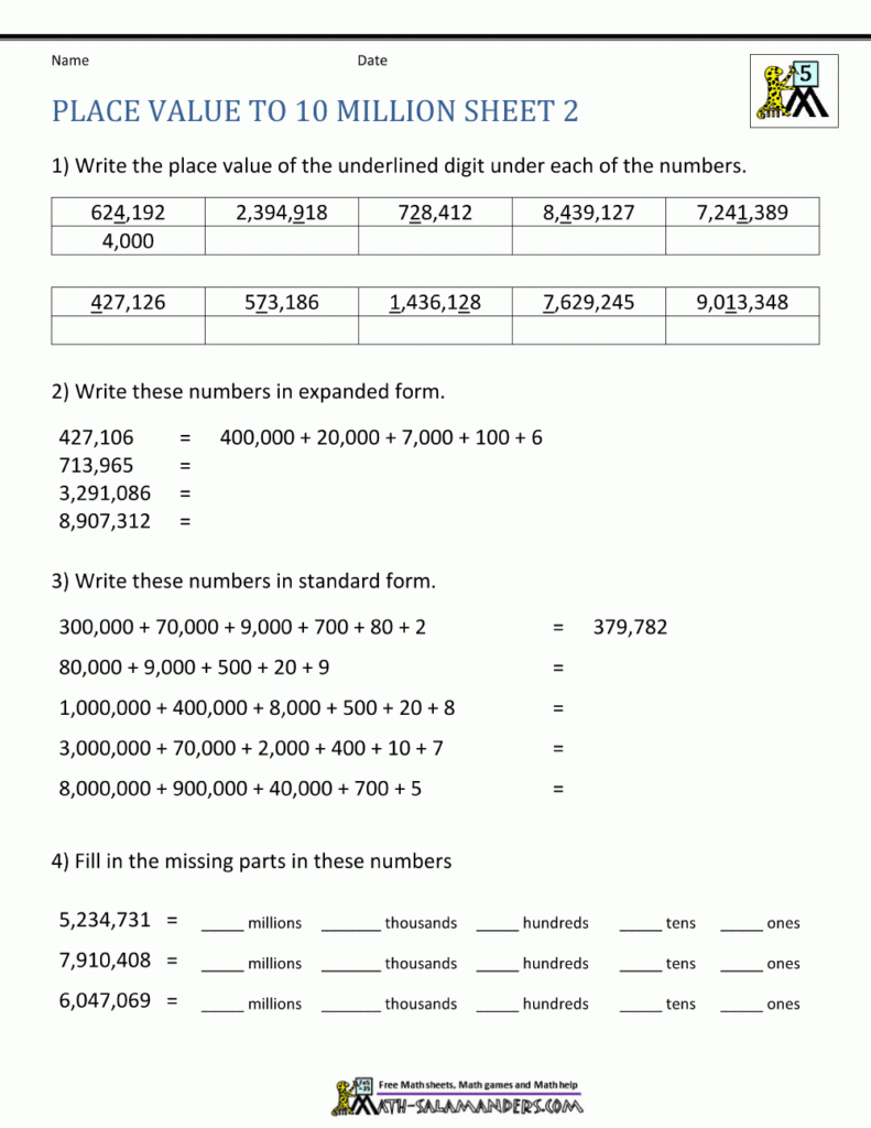 Place Value Worksheet Up To 10 Million