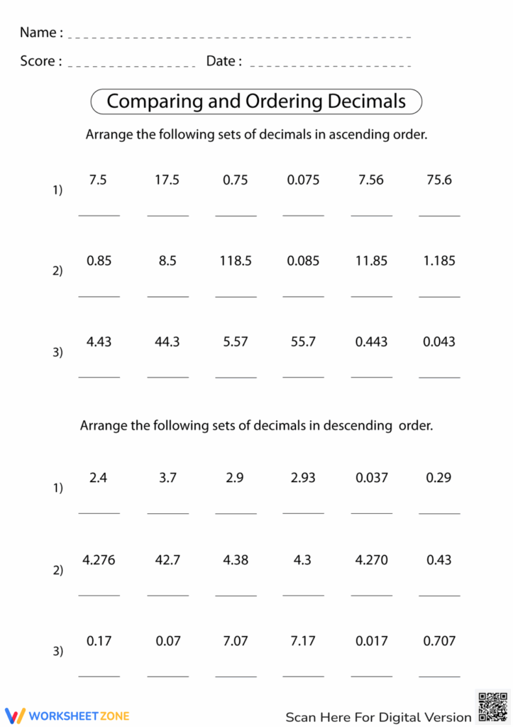 Printable Grade 5 Comparing Decimals Worksheets