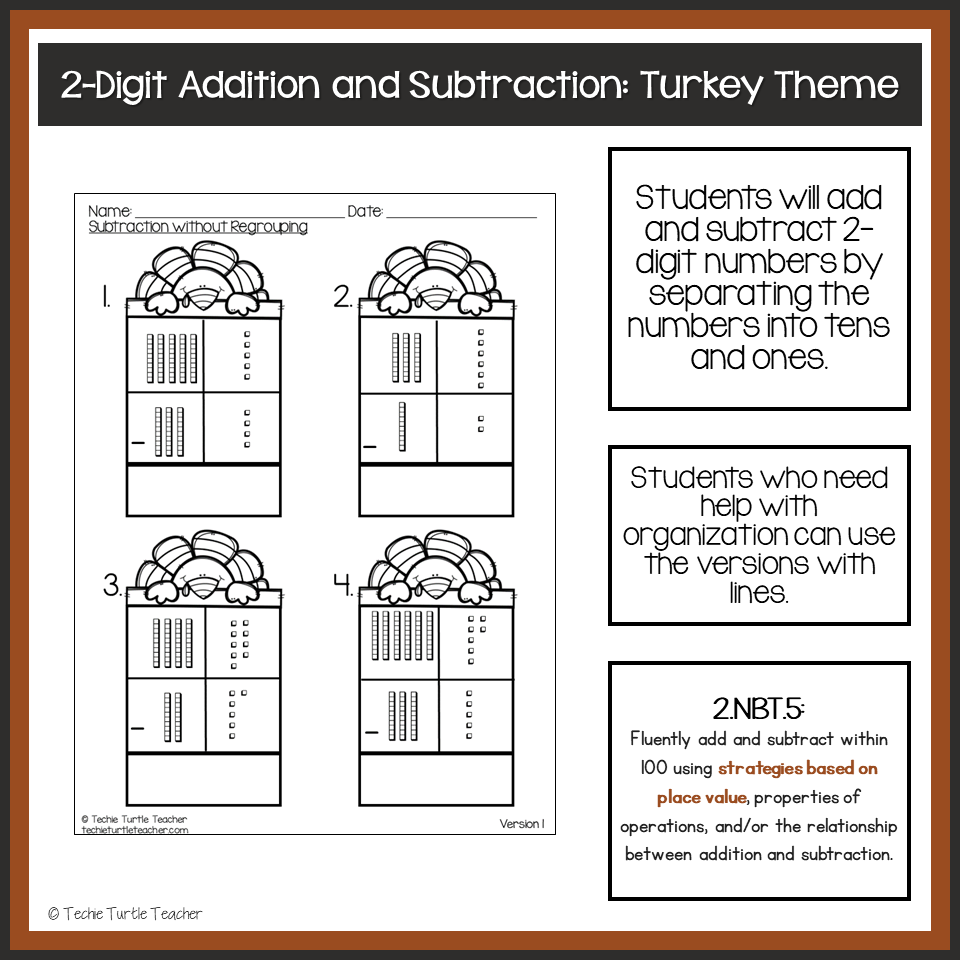 Thanksgiving 2 Digit Addition Subtraction Using Base Ten Blocks Made By Teachers