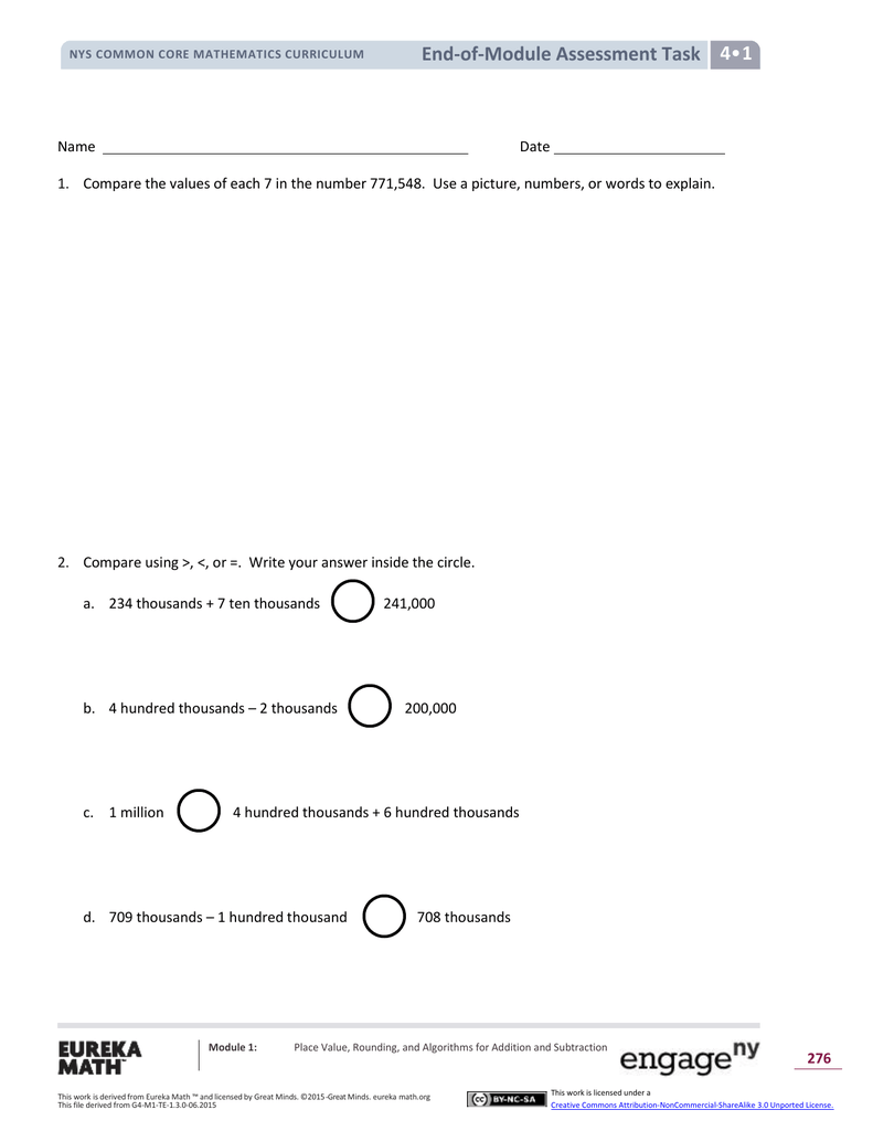 4th Grade Math Place Value Assessment Task