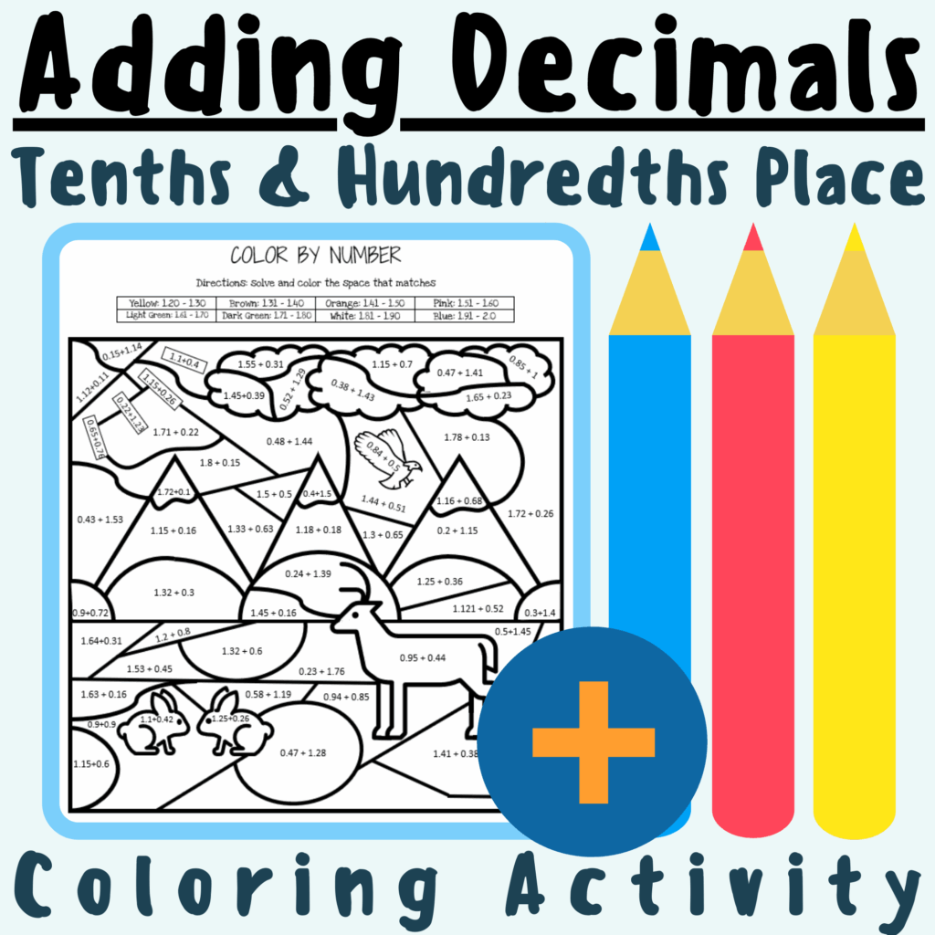 Adding Decimals Tenths And Hundredths Place Coloring Activity Worksheet For K 5 Teachers And Students In The Math Classroom Classful