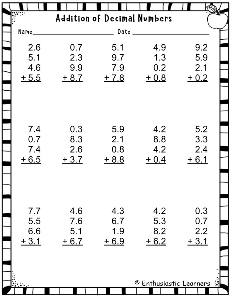 Adding Decimals Worksheets Tenths 4 Addends Math Problems Teaching Resources Adding Decimals Worksheets Tenths 4 Addends Math Problems Teaching Resources