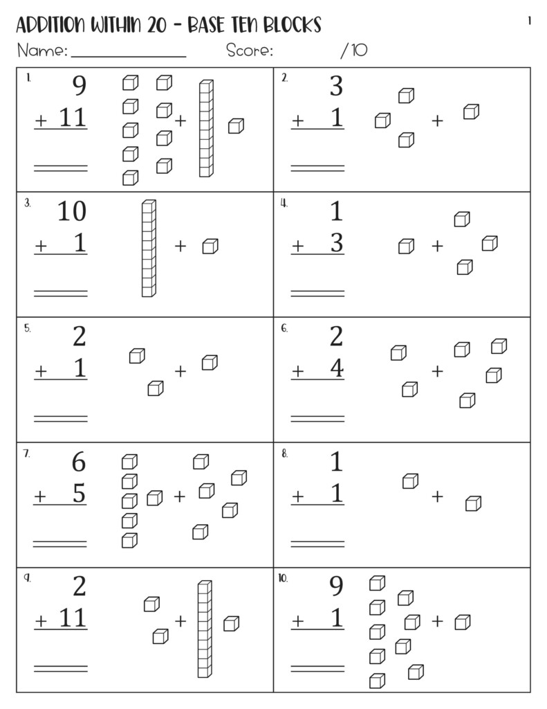 Addition Within 20 With Pictures Base Ten Blocks Worksheets Etsy