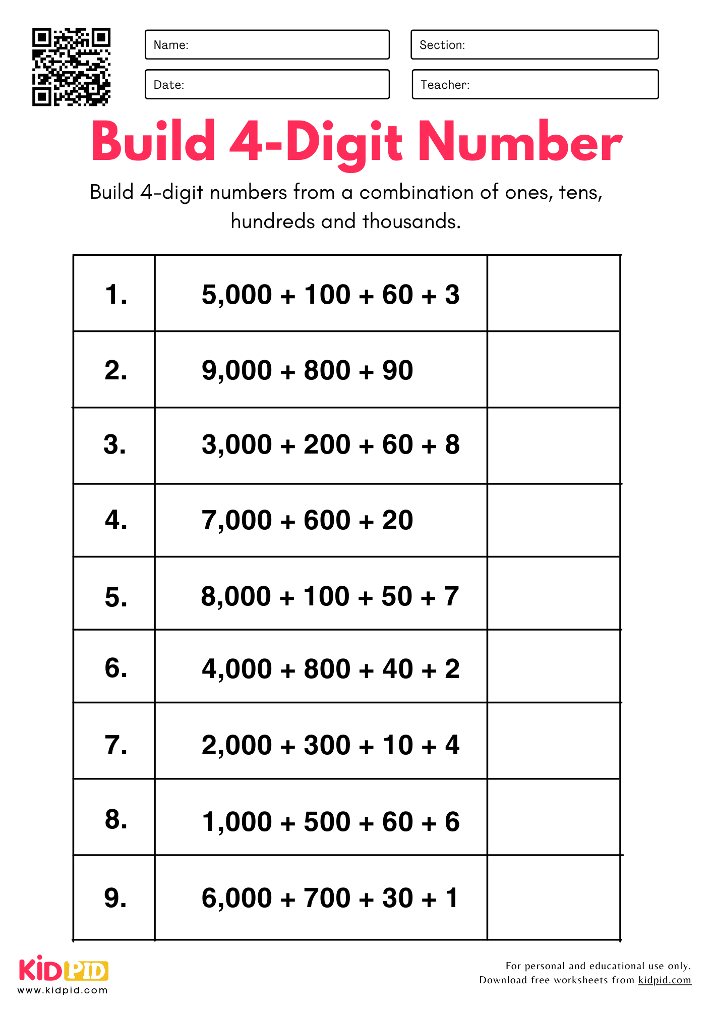 Build 4 Digit Numbers From Parts Place Value Worksheet For Grade 4 Kidpid