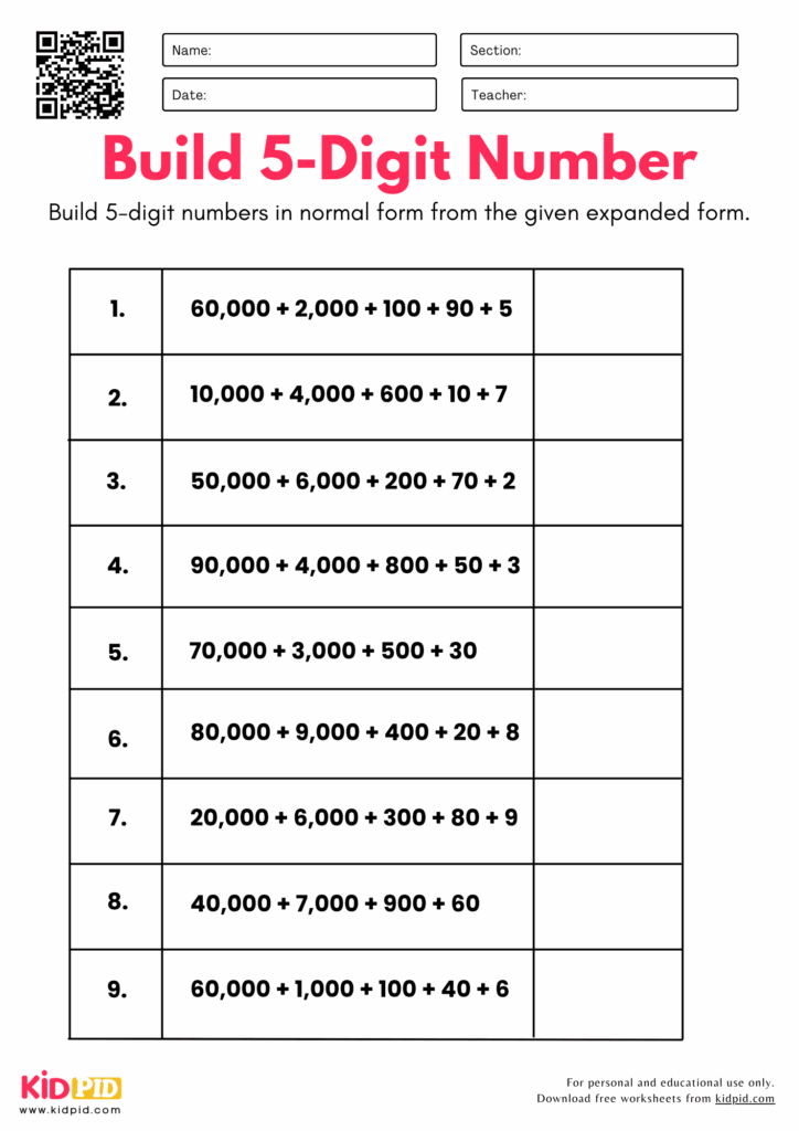 Build 5 Digit Numbers From Parts Place Value Worksheet For Grade 4 Kidpid
