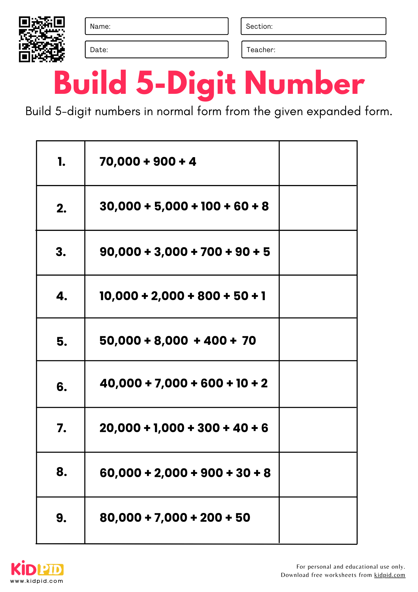 Build 5 Digit Numbers From Parts Place Value Worksheet For Grade 5 Kidpid