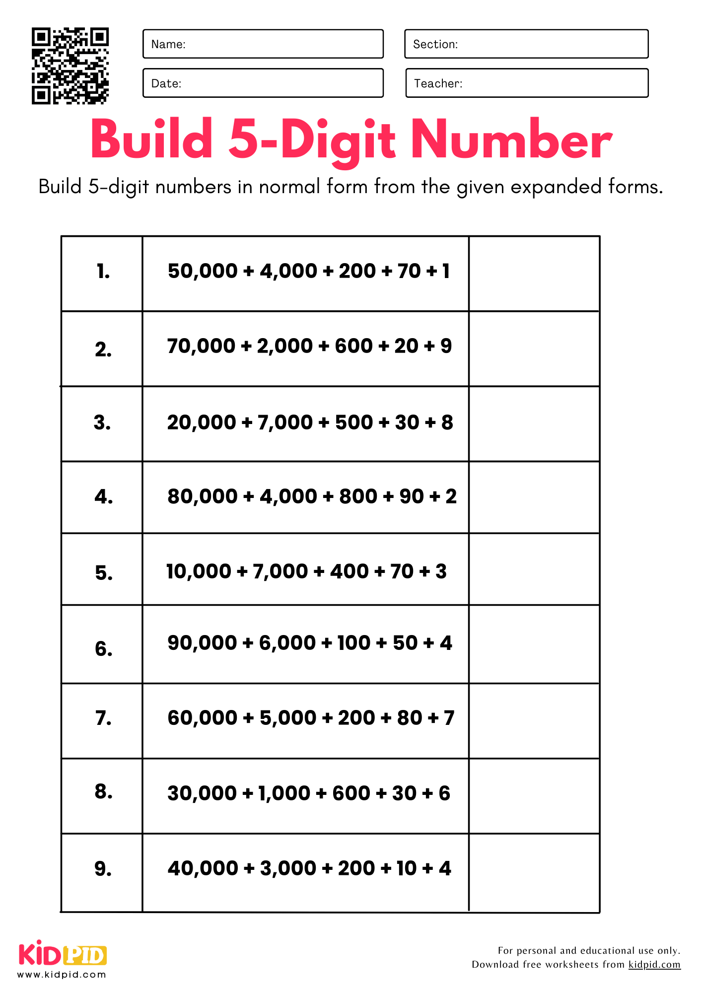 Build 5 Digit Numbers From Parts Place Value Worksheets For Grade 3 Kidpid