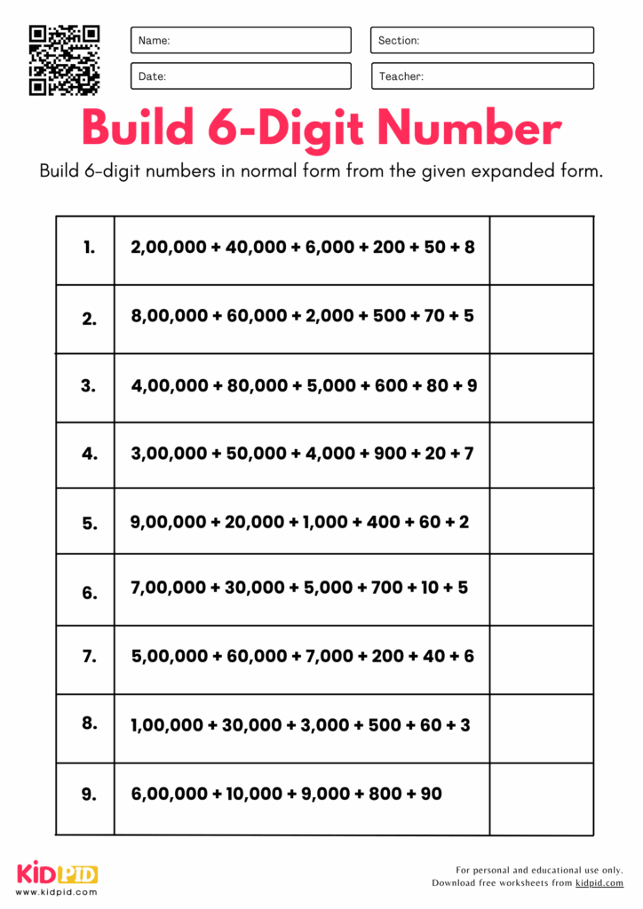 Build 6 Digit Numbers From Parts Place Value Worksheet For Grade 4 Kidpid