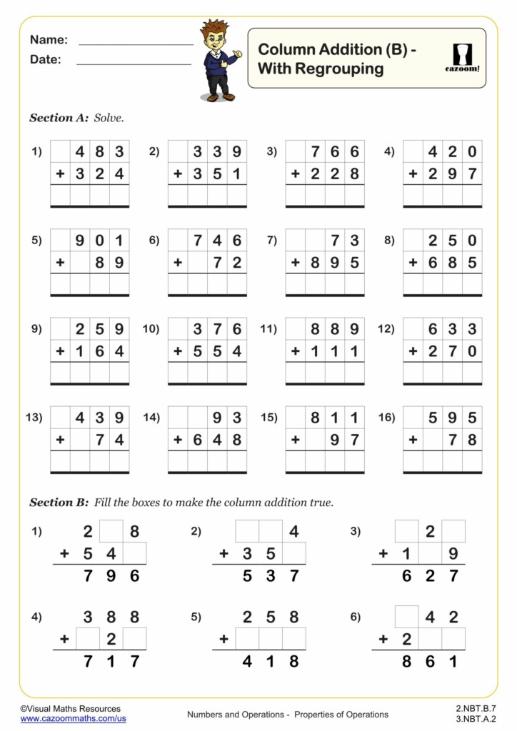 Column Addition B PDF Printable Addition Worksheets Cazoom Math