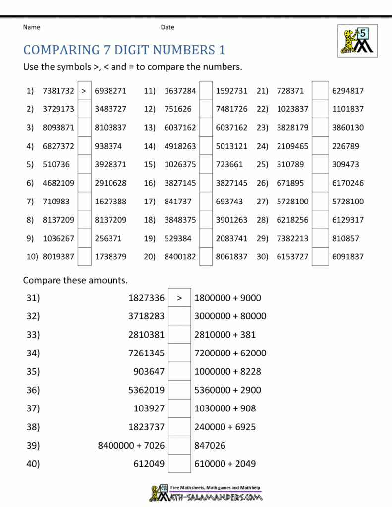 Comparing 7 Digit Numbers 1