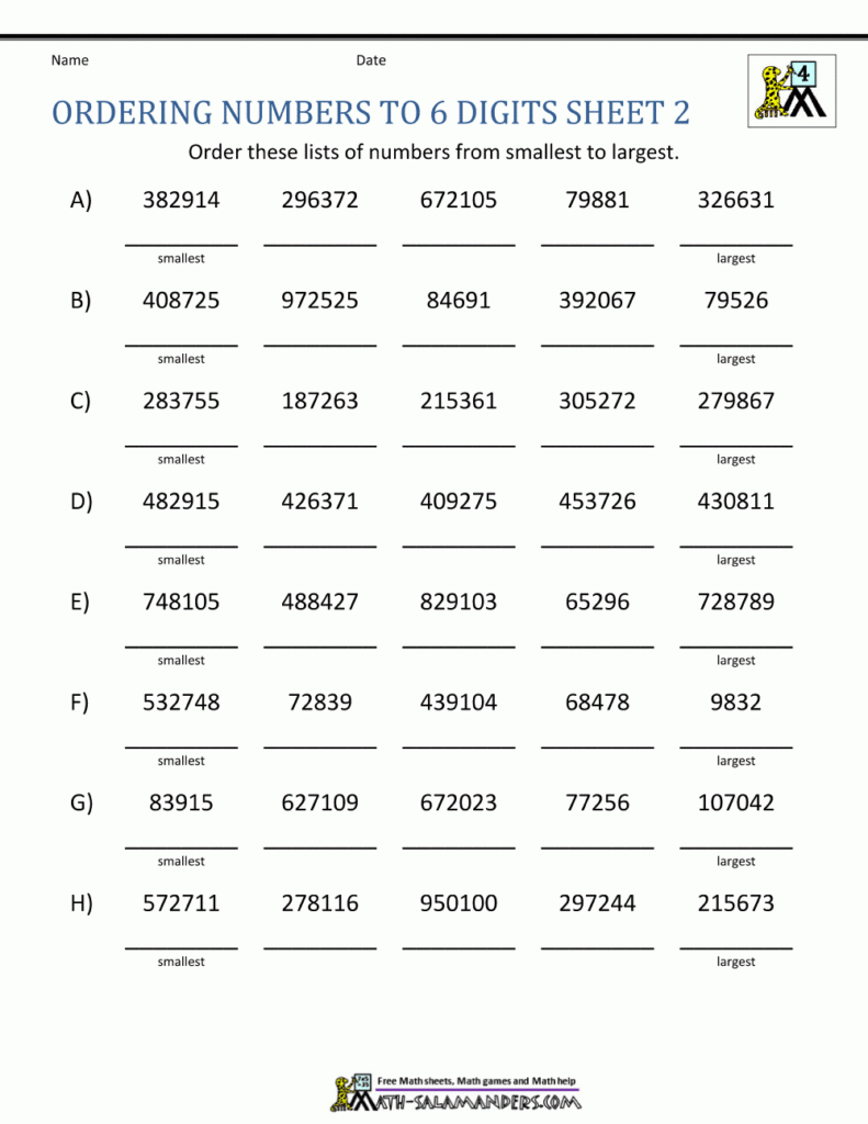 Comparing And Ordering Whole Numbers Worksheets