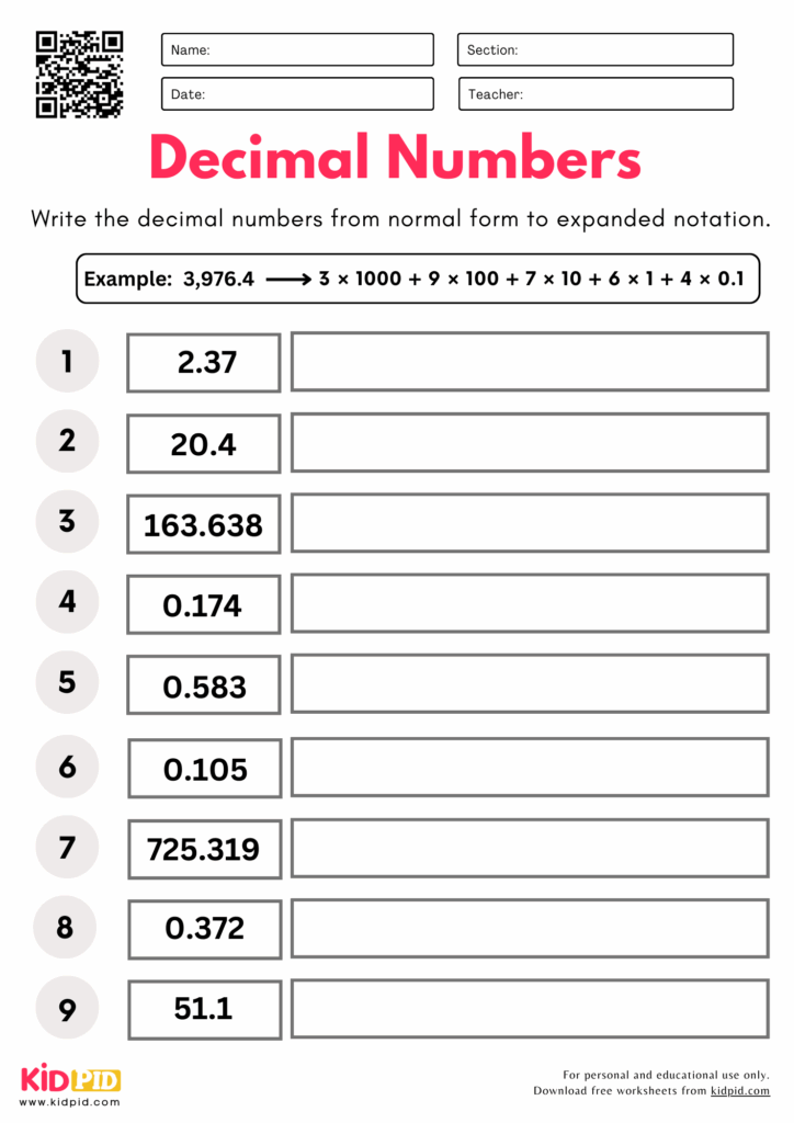 Convert Decimal Numbers Normal To Expanded Notion Place Value Worksheet For Grade 5 Kidpid