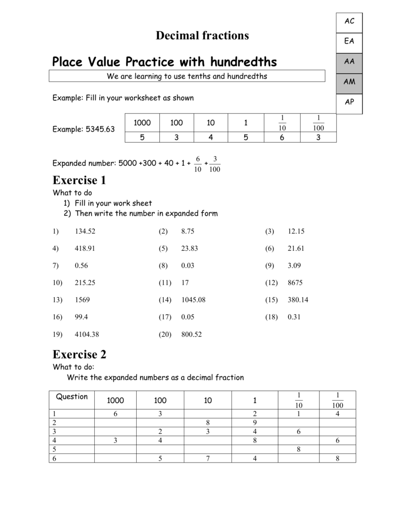Decimal Fractions Place Value Worksheet
