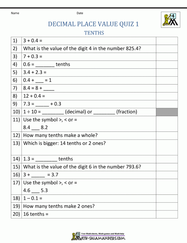 Decimal Place Value Quiz 1
