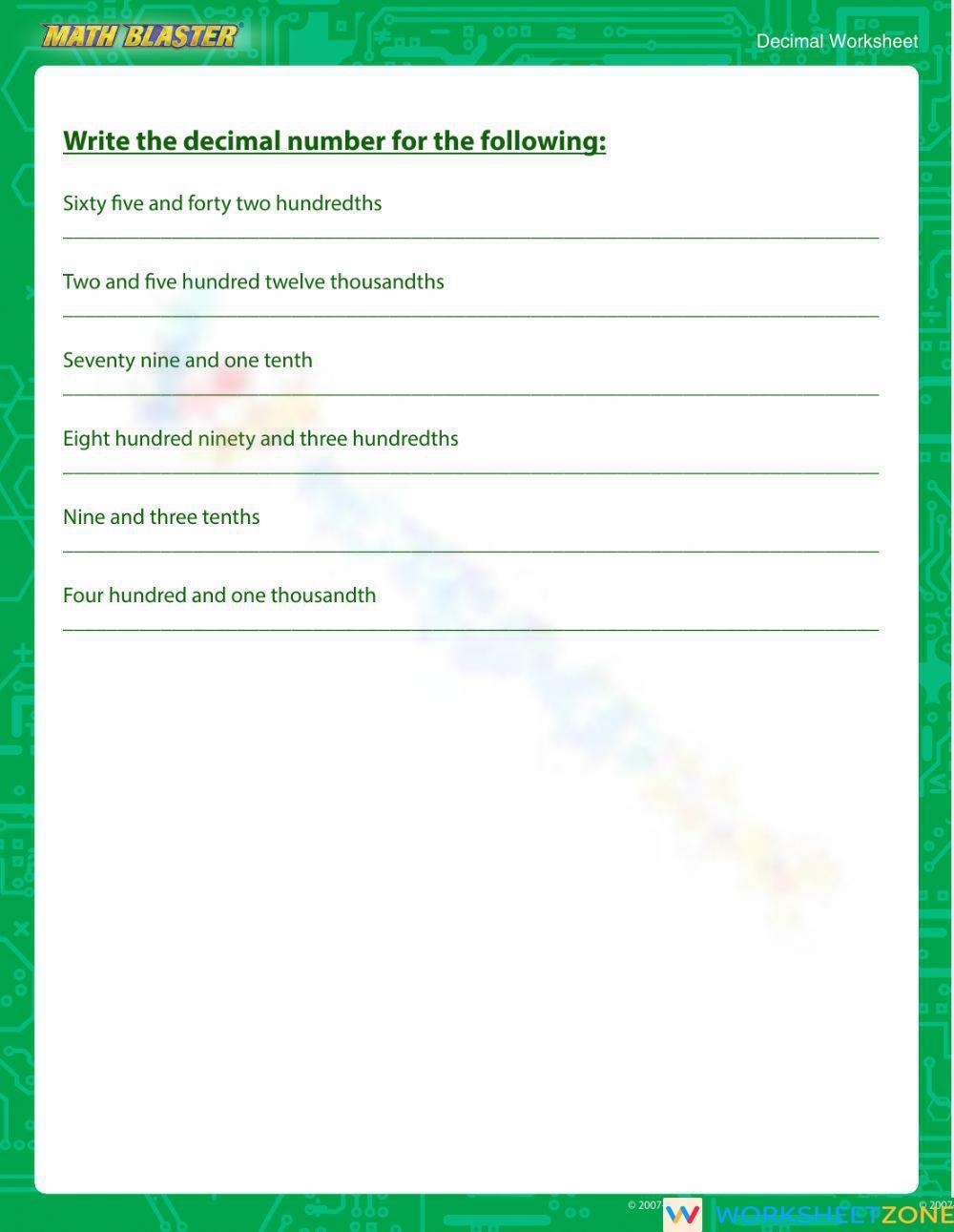Decimal Place Value Worksheet