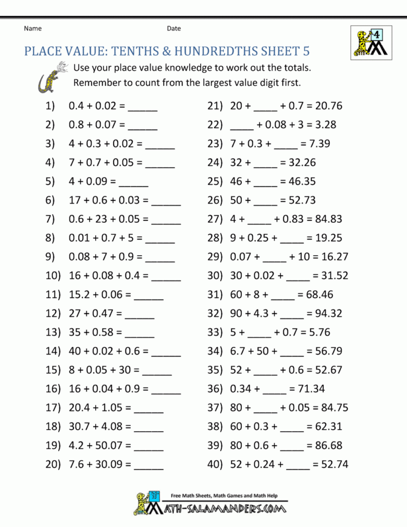 Decimal Place Value Worksheets 4th Grade