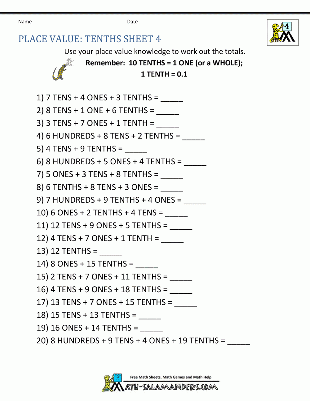 Decimal Place Value Worksheets 4th Grade