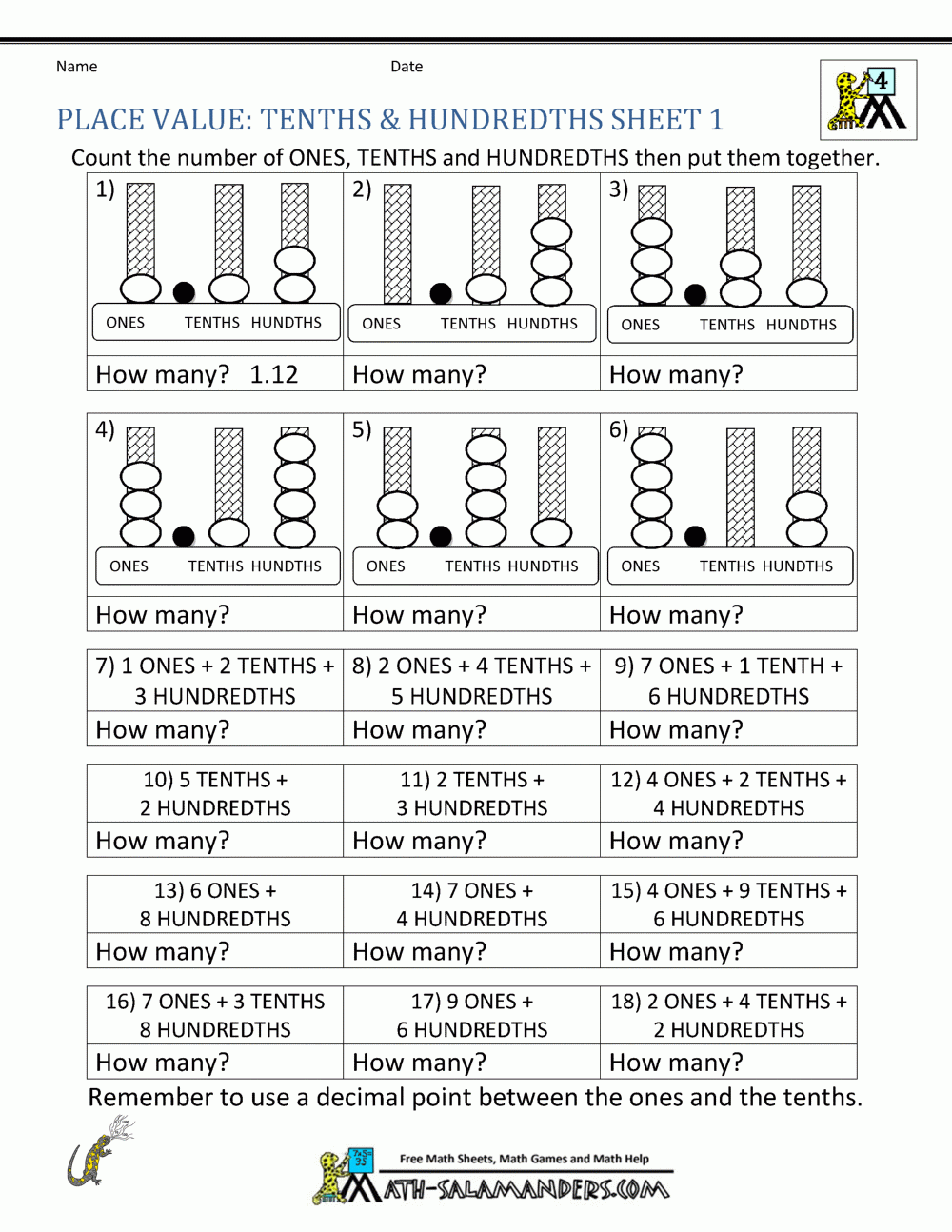 Decimal Place Value Worksheets 4th Grade