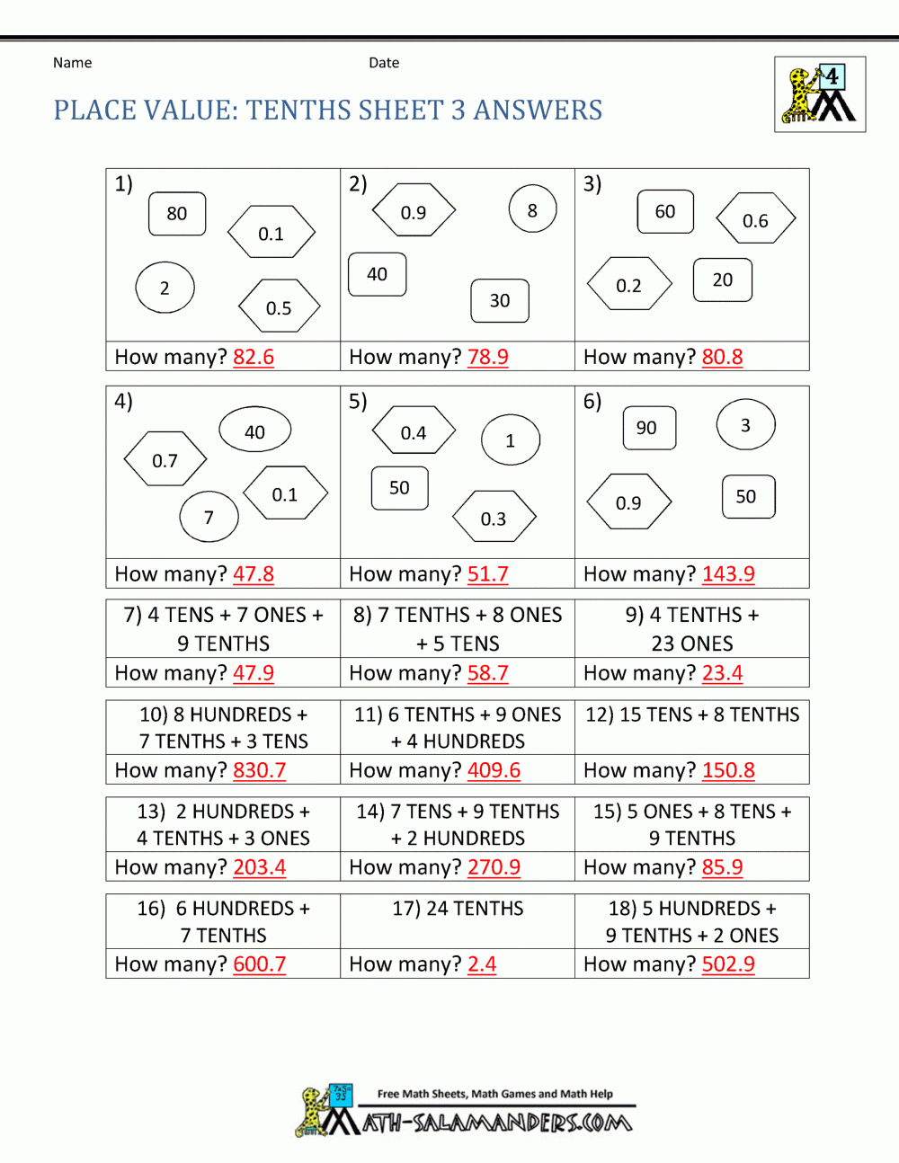 Decimal Place Value Worksheets 4th Grade