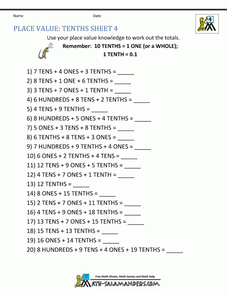 Decimal Place Value Worksheets 4th Grade