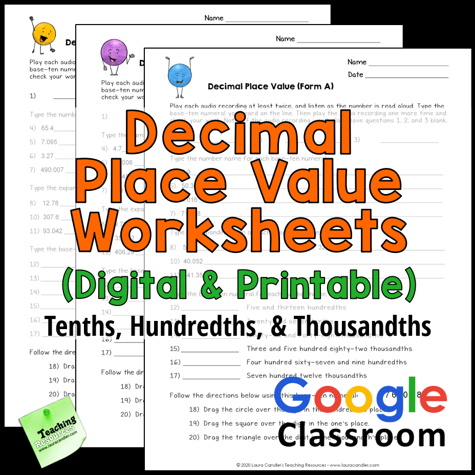 Decimal Place Value Worksheets Tenths Hundredths And Thousandths Laura Candler