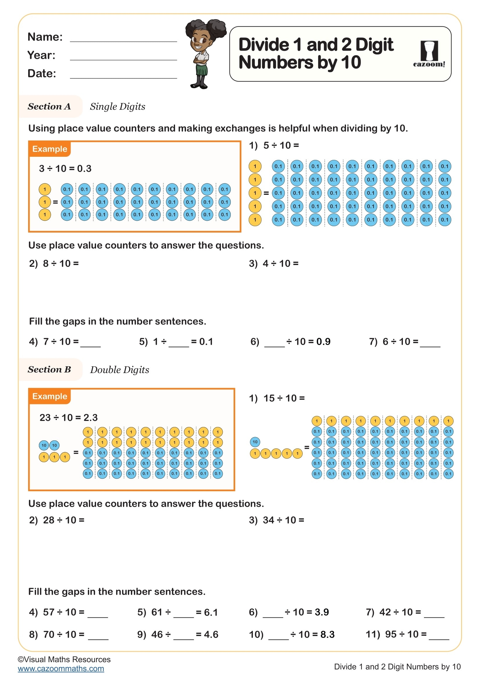 Divide 1 And 2 Digit Numbers By 10 Year 4 Number Worksheet