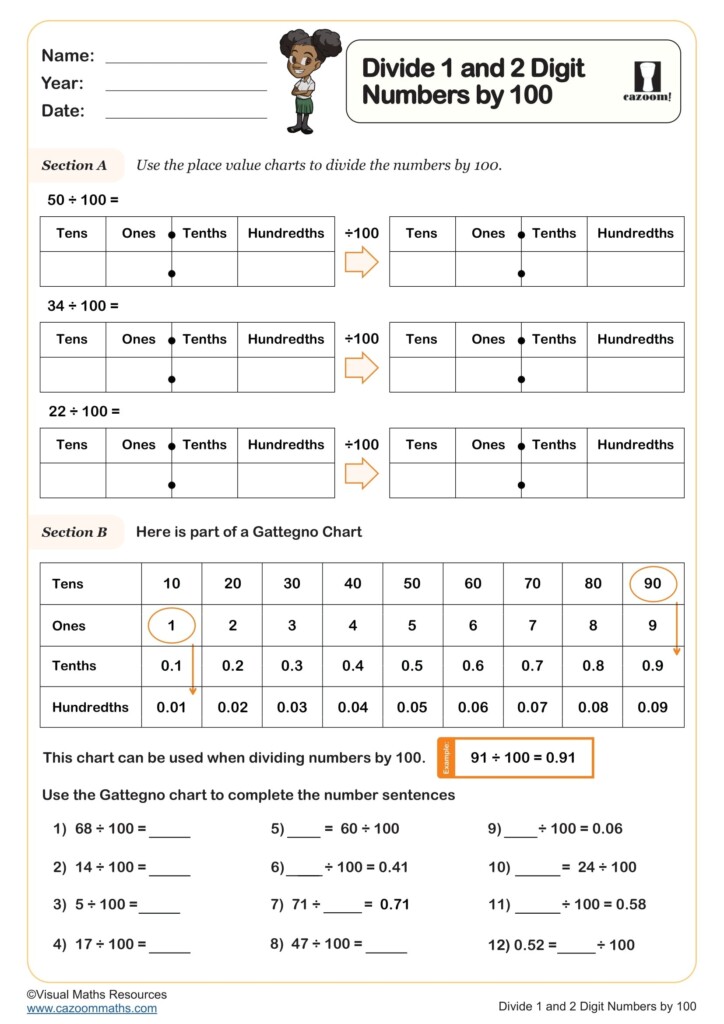 Divide 1 And 2 Digit Numbers By 100 Printable PDF Year 4 Number Worksheet
