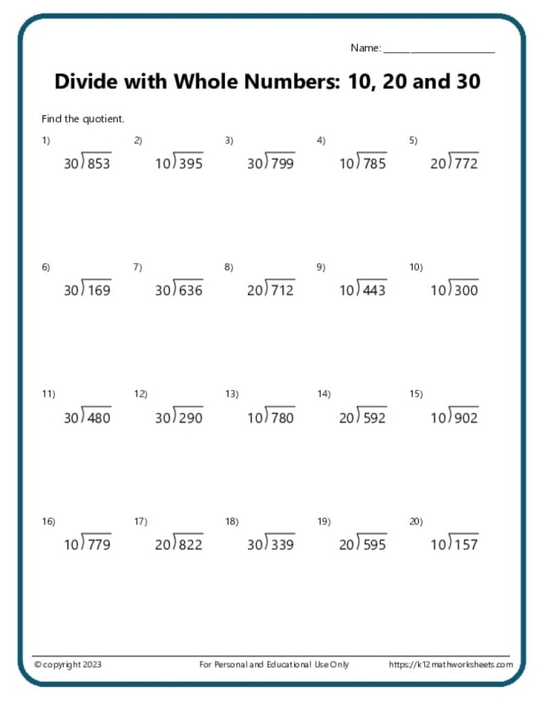 Divide Whole Numbers By 10 20 And 30 K12 Math Worksheets