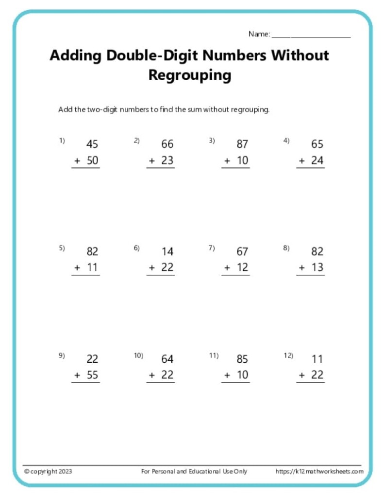 Double Digit Addition Without Regrouping Worksheets