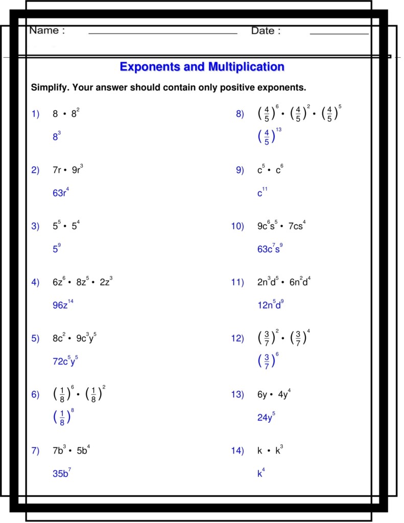 Exponents With Multiplication Algebra 1 Exponents Worksheets Made By Teachers