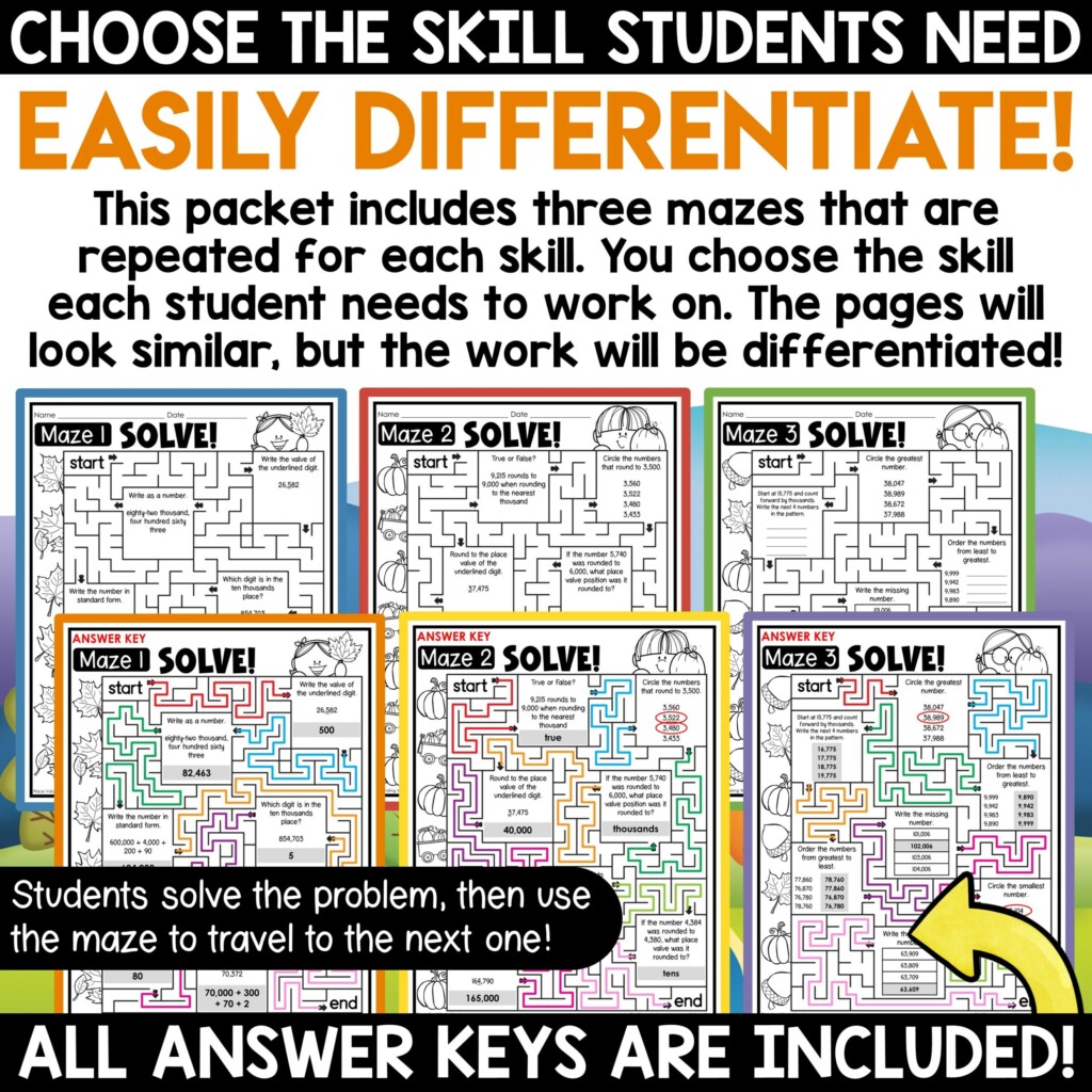 Fall Math Worksheets Place Value Number Forms Number Sense Activities Math Mazes A Love Of Teaching Kim Miller