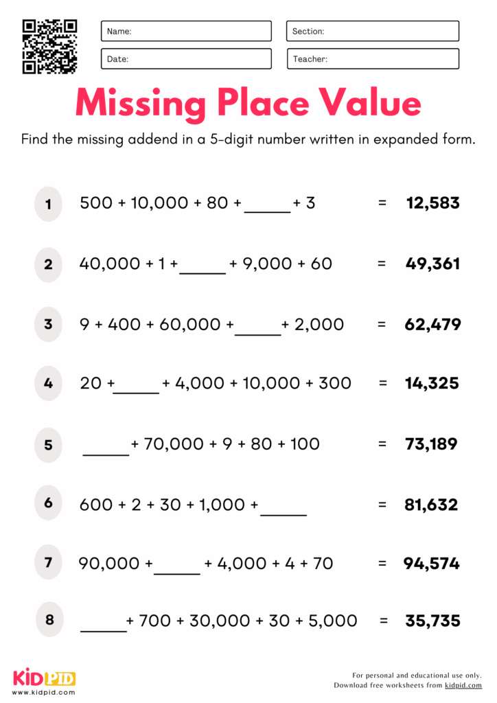 Find Missing Place Value 5 digits Worksheet For Grade 5 Kidpid