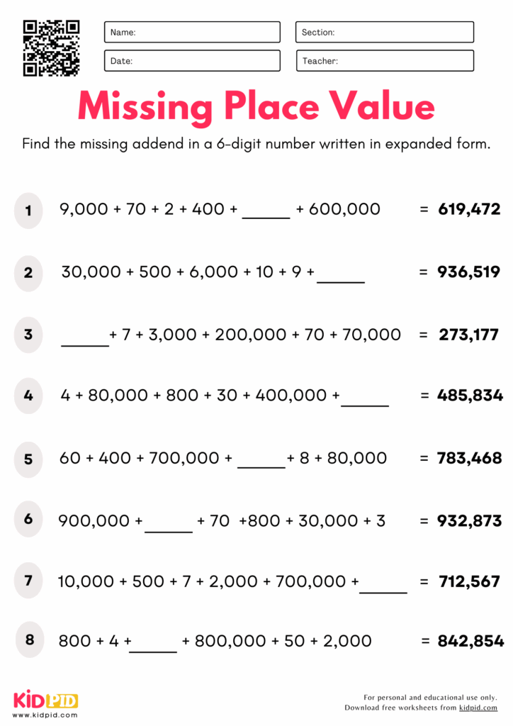 Find Missing Place Value 6 digits Worksheet For Grade 5 Kidpid